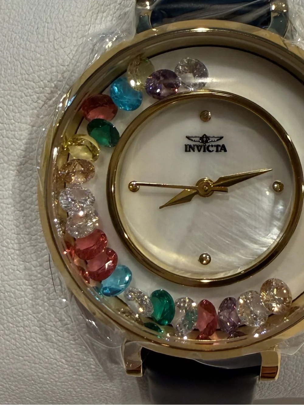 NEW Invicta Gold Tone Black Leather Watch Multicolor Crystal Dial Y2K Glam